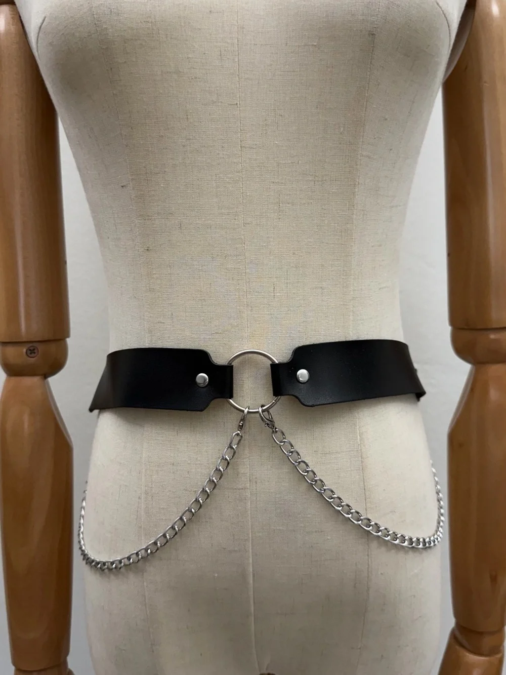 Black Faux Leather Chain Waist Belt Adjustable Removable Chain Goth Punk
